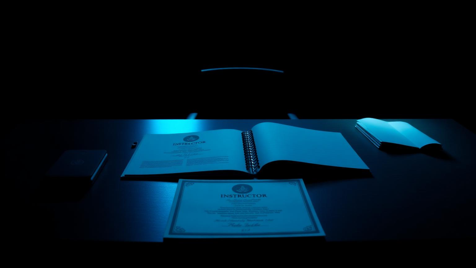 Mesa de mando con expediente abierto, galones y diploma de instructor
