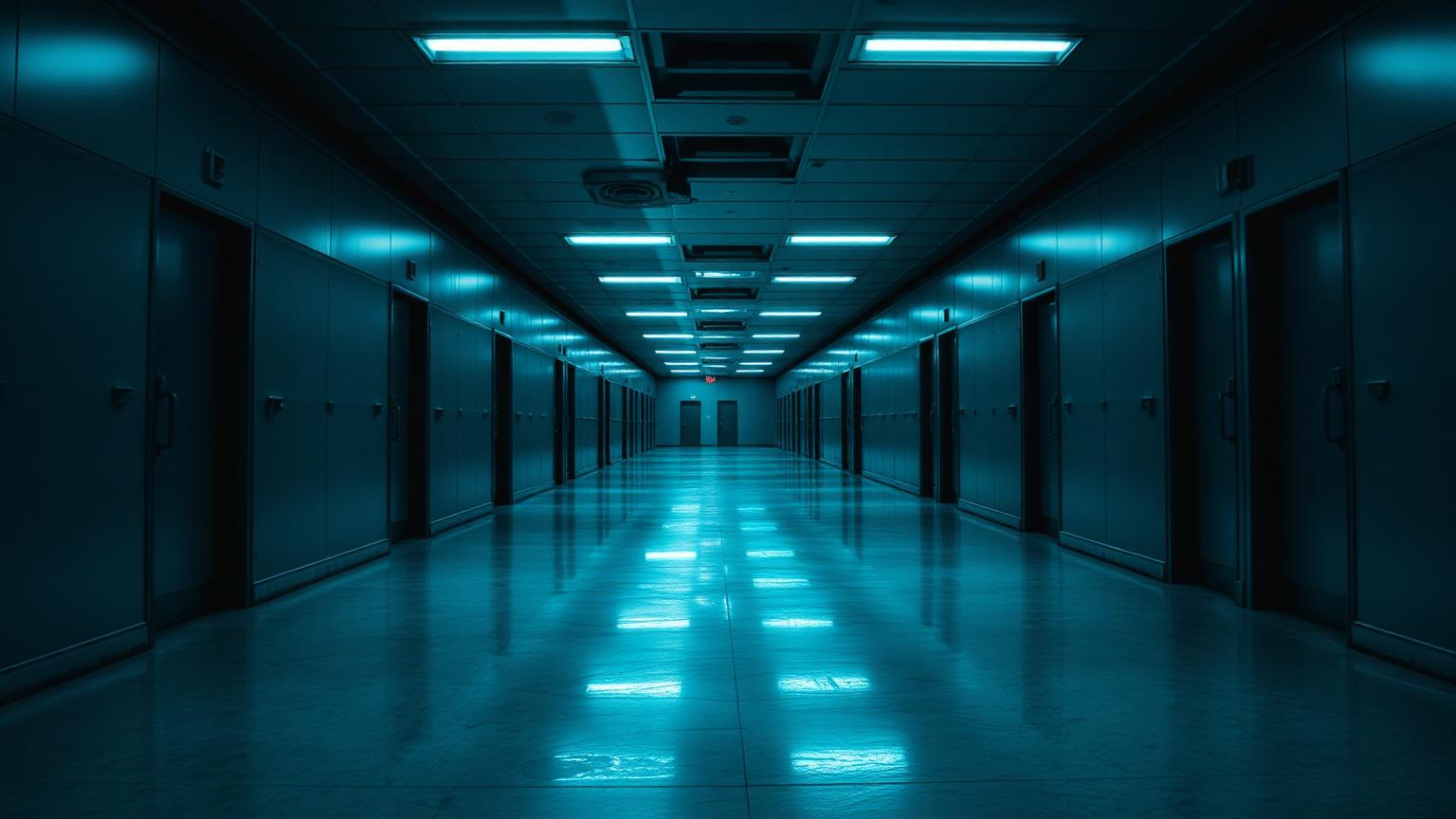 Pasillo de instalación segura de noche con puertas metálicas